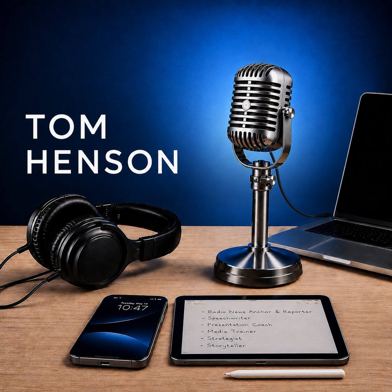A vintage broadcast microphone, headphones, laptop and tablet on a studio desk under the name Tom Henson